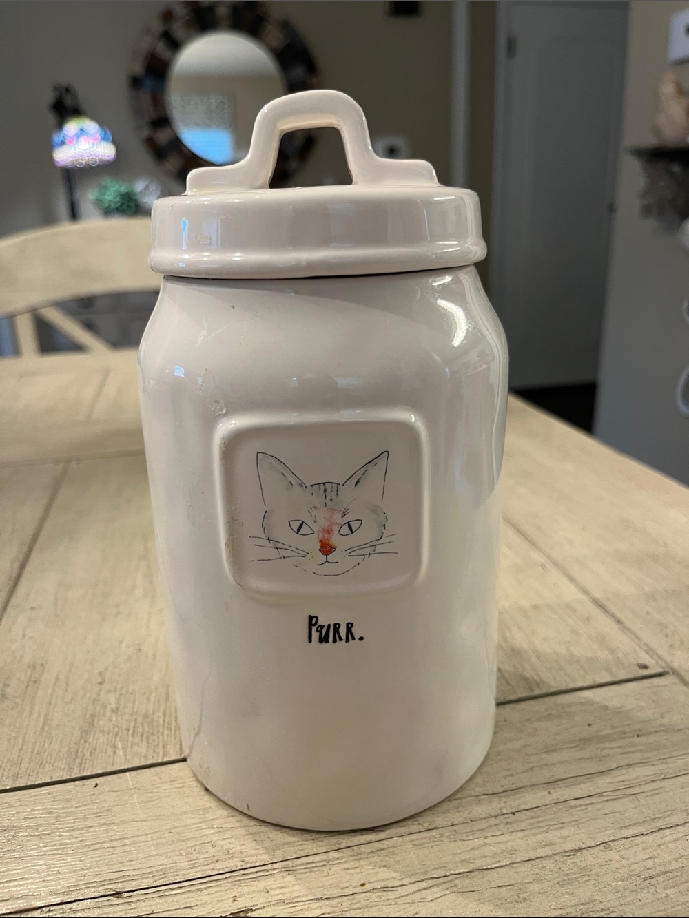 Rae Dunn White Ceramic Cat Treat Canister with Hand-Drawn Cat